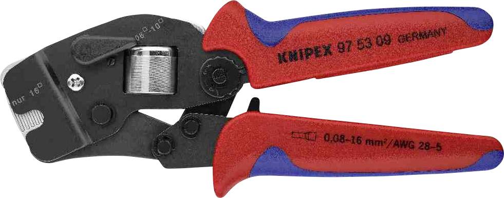 Pince à sertir manuelle de Knipex, numéro de modèle 97 53 09, en rouge et bleu, adaptée pour les embouts de câble de 0,08 à 16 mm².