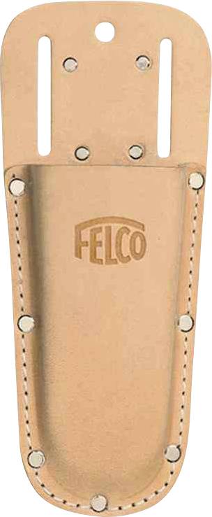 Étui en cuir pour sécateurs, portant le logo 'FELCO', doté de deux fentes pour passer une ceinture et de rivets de renforcement.