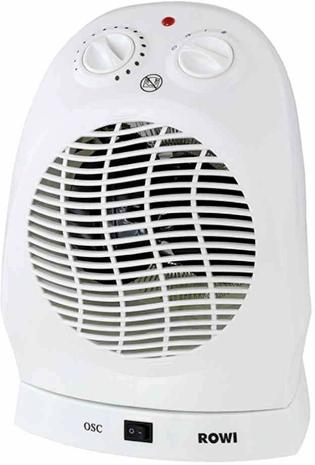 Un radiateur électrique blanc avec deux boutons rotatifs pour régler la température et une grille à l'avant. Adapté pour réchauffer rapidement une pièce.