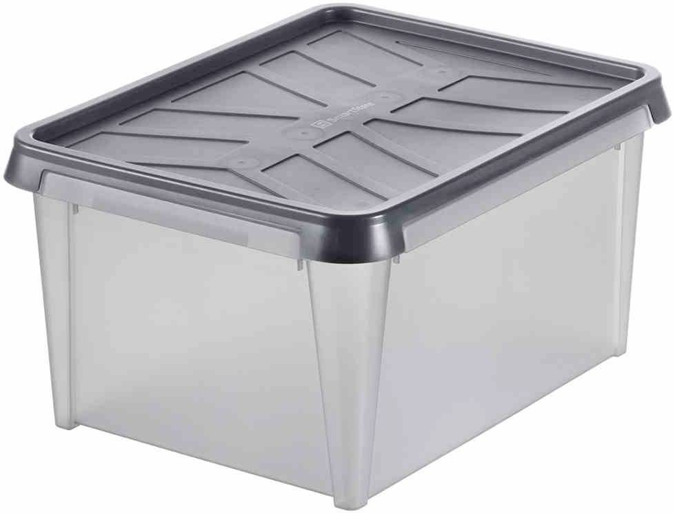 Une boîte en plastique transparent avec un couvercle sombre hermétiquement fermable. Idéale pour le rangement d'objets.