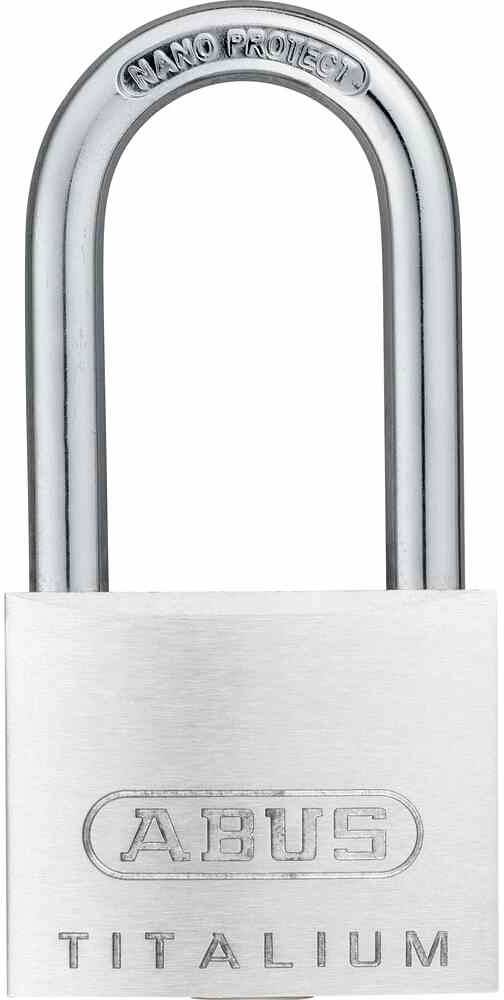 Un cadenas d'argent de la marque 'ABUS TITALIUM' avec l'inscription 'NANO PROTECT' sur l'anse.