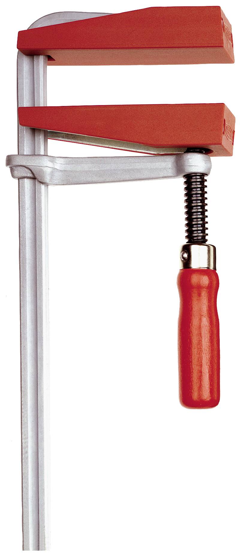 Une pince de serrage métallique avec une poignée rouge et des mâchoires pour les travaux sur bois, montrant le mécanisme de fixation des pièces.