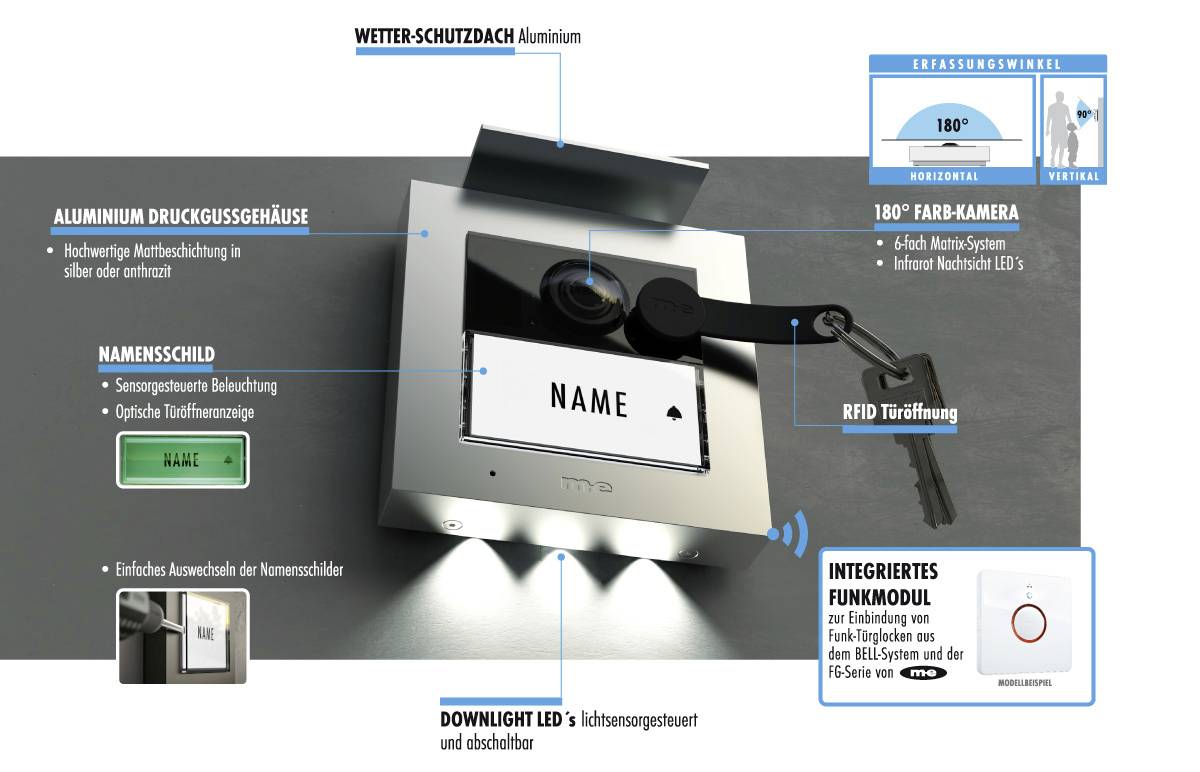 m-e modern-electronics VDV-2010 S Interphone vidéo filaire, RFID Station extérieure argent