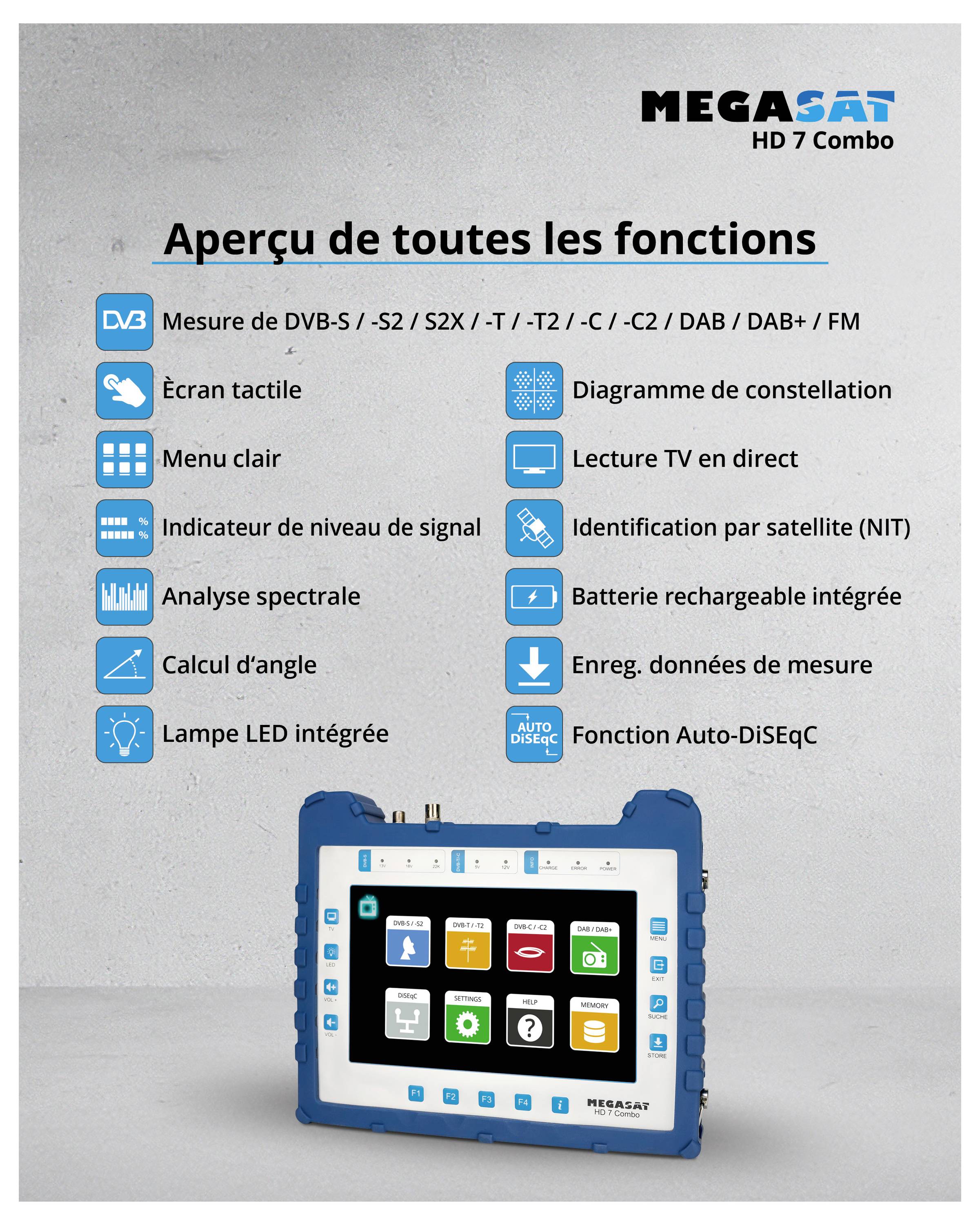 L'image montre un appareil Megasat HD 7 Combo. Texte : 'Aperçu de toutes les fonctions'. Fonctions : Mesure DVBT, écran tactile, analyse de spectre, mémoire, recherche de satellite, Auto-DiSEqC.