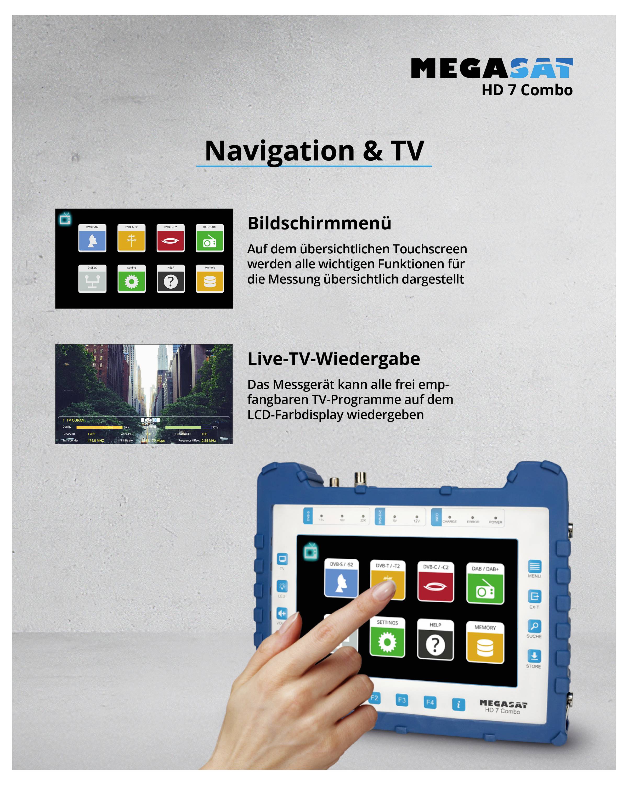 Un appareil électronique doté d'un écran tactile affiche des options de menu pour des fonctions TV. Une main sélectionne une option.