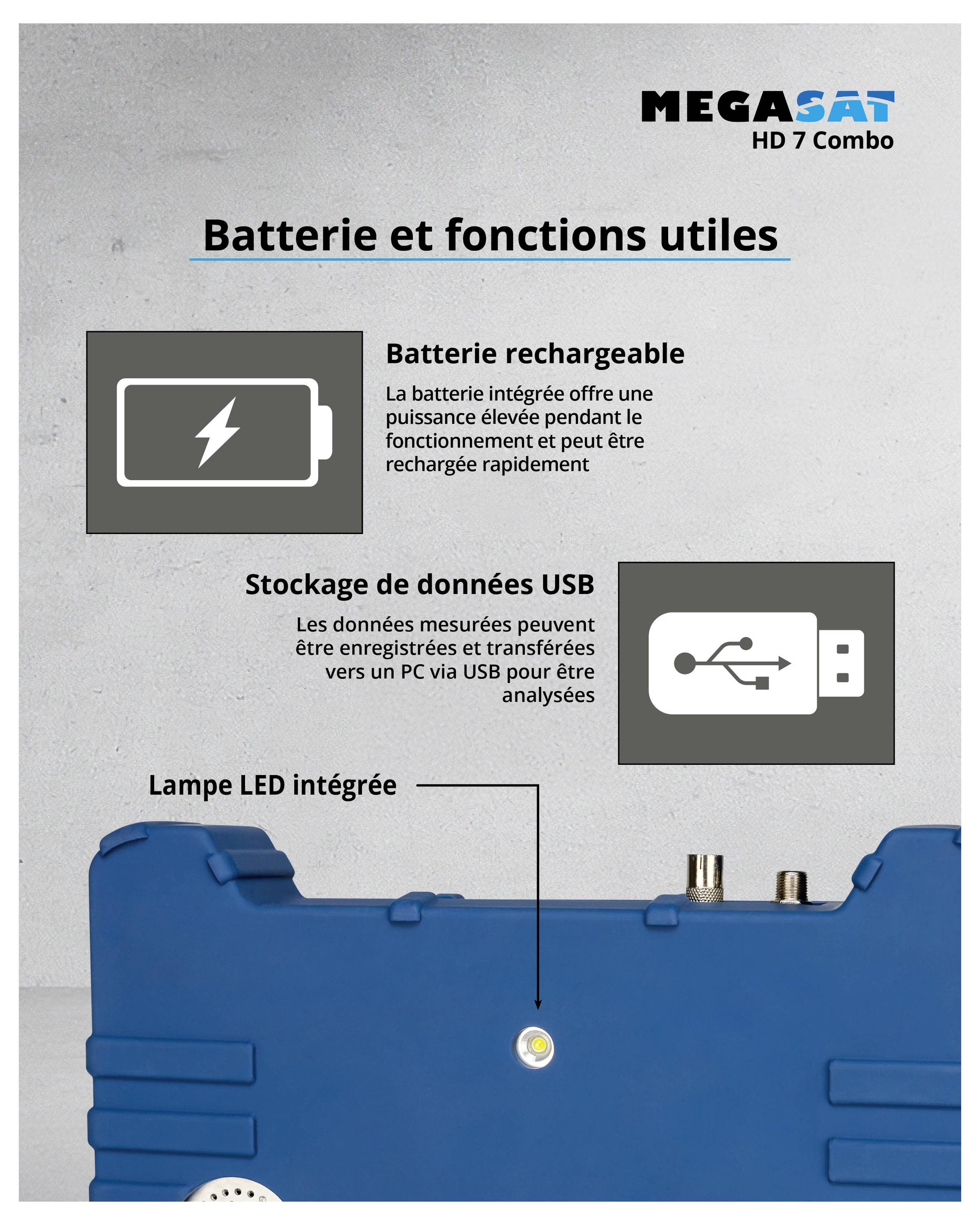 'Batterie et fonctions utiles' : L'illustration montre les fonctionnalités de la batterie d'un appareil, comprenant la batterie principale, le stockage de données USB et le projecteur LED intégré.