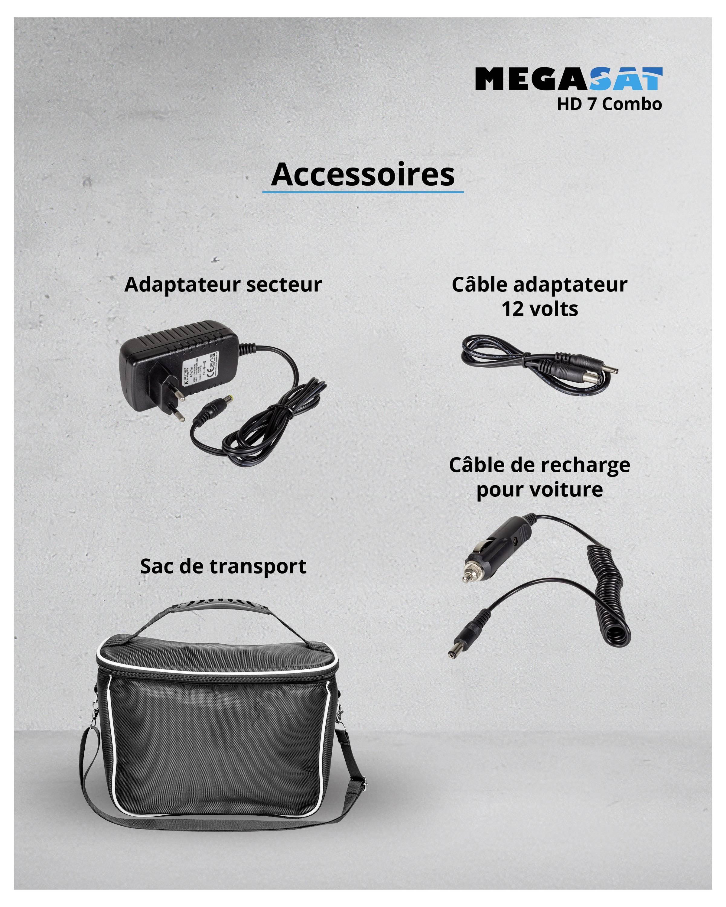 Accessoires' avec illustrations d'un bloc d'alimentation, d'un câble adaptateur 12 volts, d'un câble de charge pour véhicule et d'un sac de transport. Nom de marque 'MEGASAT' en haut à droite.