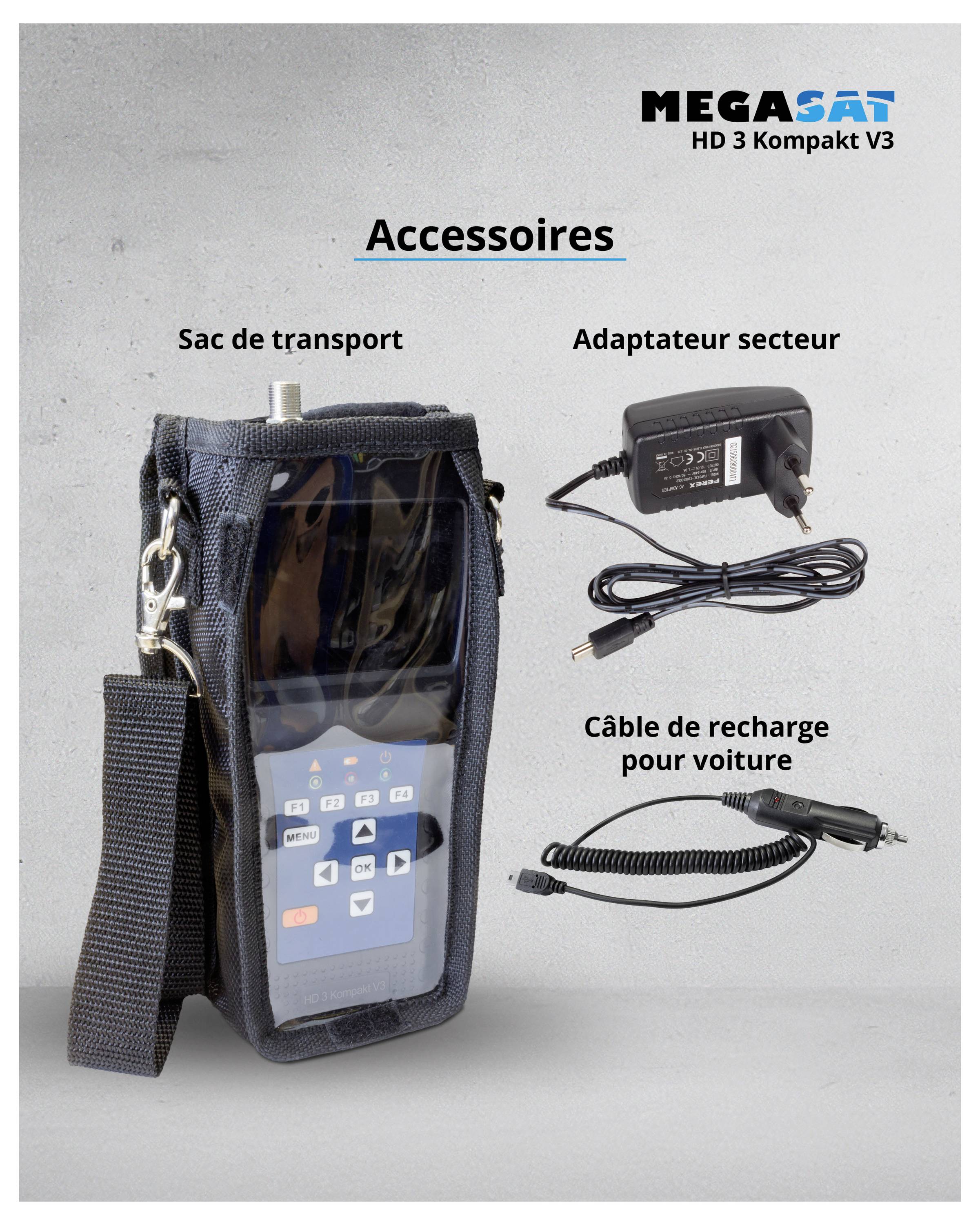 'MEGASAT HD 3 Kompakt V3 Accessoires : Mallette de transport, Bloc d'alimentation, Câble de chargement pour voiture' avec une image de chaque option d'accessoire.