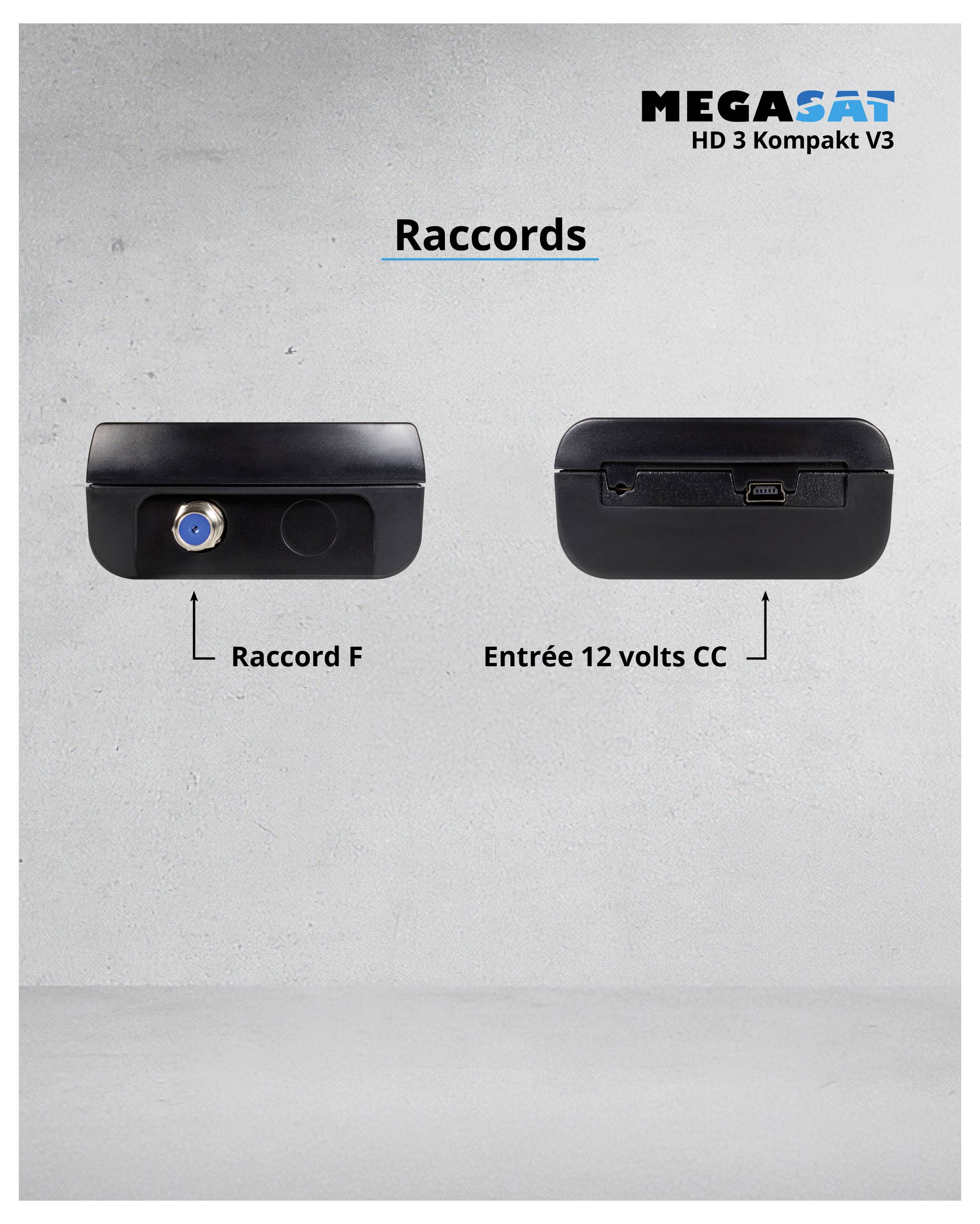 Accessoires pour MegaSat HD 3 Compact V3 : sacoche de transport, adaptateur secteur et câble de chargement pour véhicule illustrés.