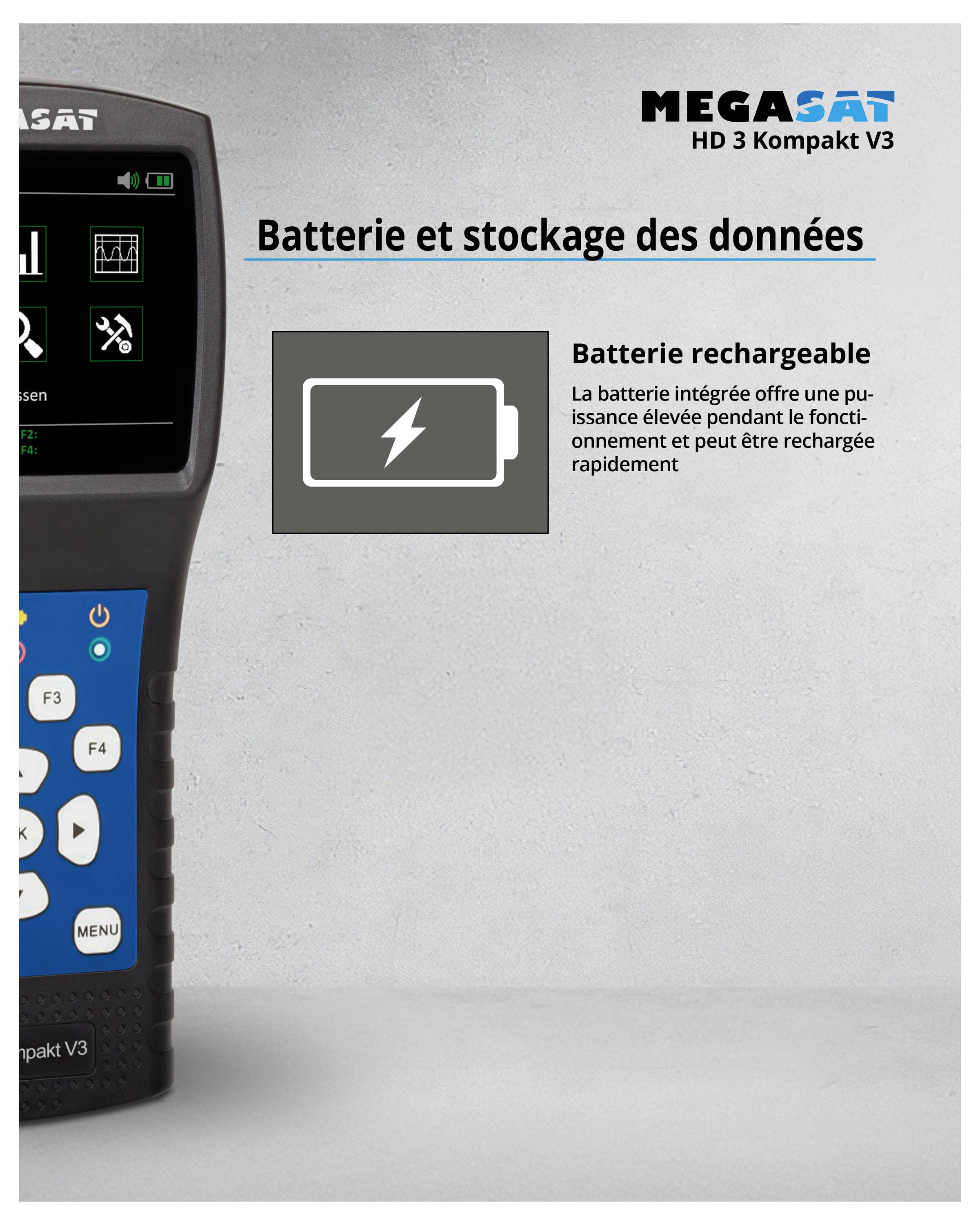 Un appareil de mesure portable de la marque Megasat HD 3 Kompakt V3 pour la réception DVB-S/DVB-S2. Fonctions : contrôle des transpondeurs, mesure Auto-DiSEqC.