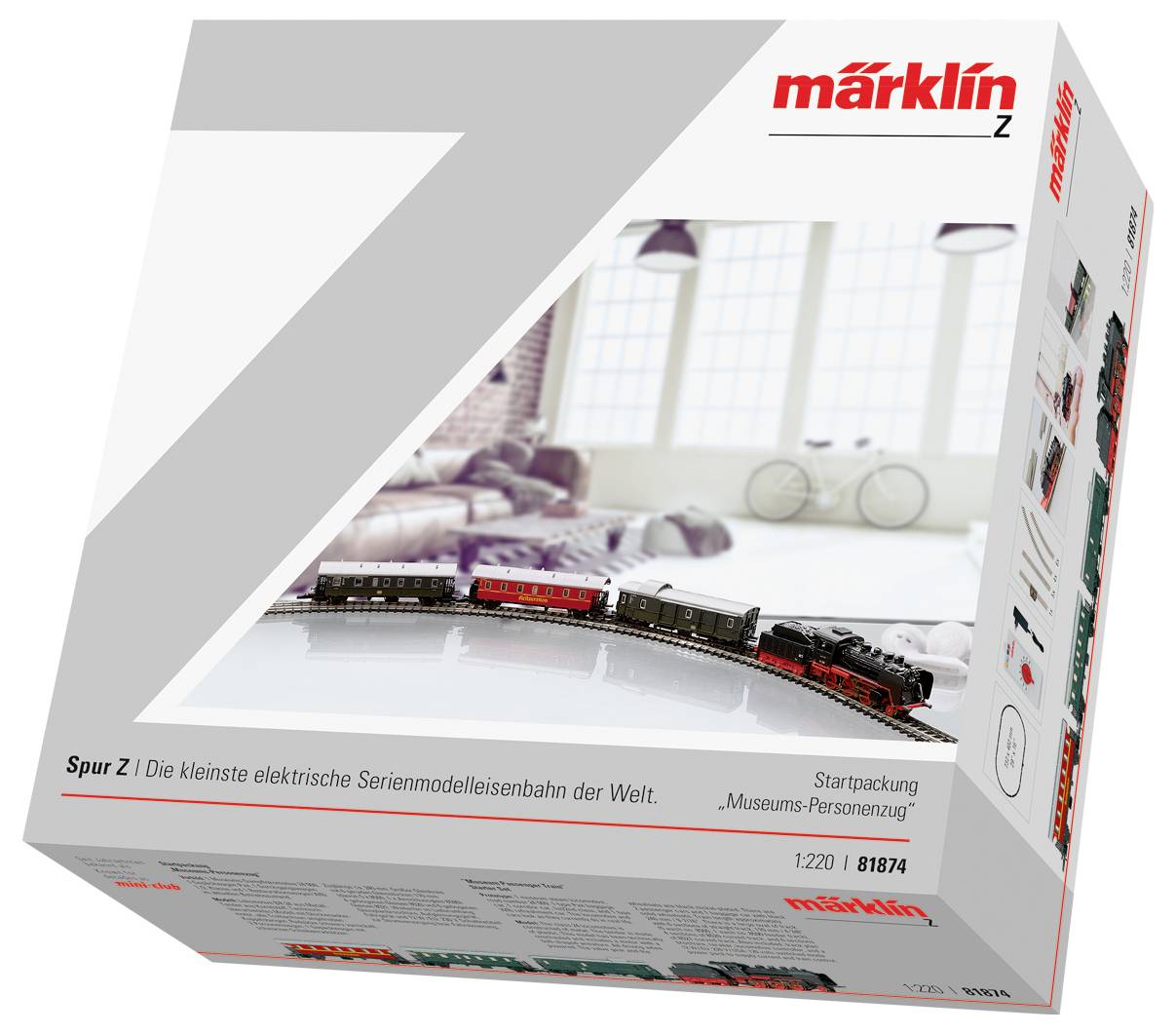 Boîte d'un train miniature Märklin Échelle Z, coffret de départ 'Train de voyageurs de musée', le plus petit train miniature de série au monde.