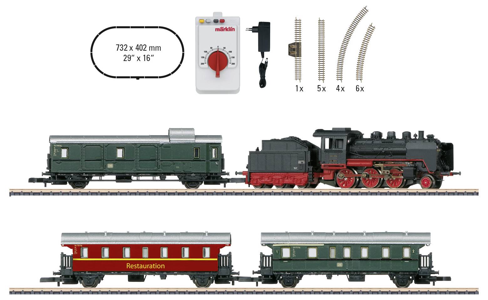 Ensemble de train miniature avec une locomotive à vapeur noire, deux wagons verts, un wagon rouge, des rails et un contrôleur.