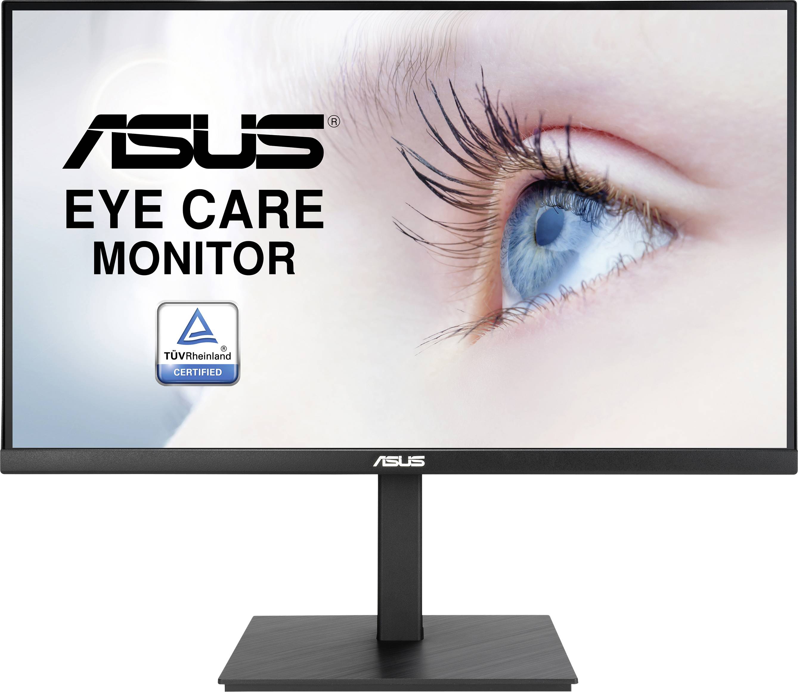 Affichage du 'Moniteur ASUS Eye Care'. Gros plan d'un œil. Le moniteur est certifié TÜV Rheinland pour sa technologie d'affichage qui préserve la santé des yeux.