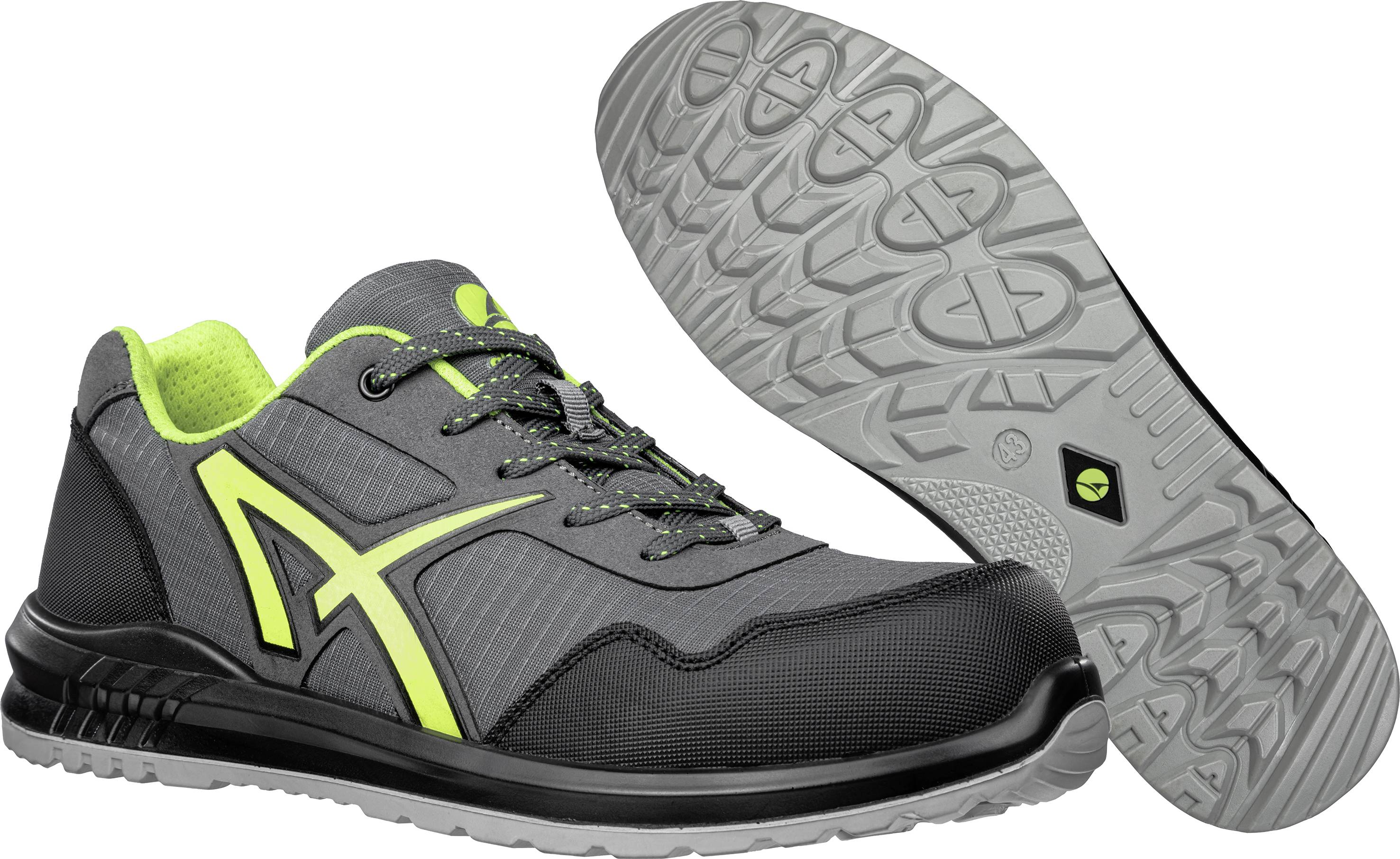 Une paire de chaussures de sécurité gris et vert citron avec semelle antidérapante et bout renforcé, sur un fond blanc.
