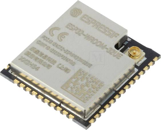 Un module ESP32 d'Espressif avec des broches de connexion sur sa face inférieure. Adapté aux applications de microcontrôleurs et aux projets IoT.