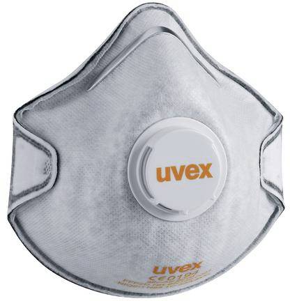 Masque respiratoire Uvex avec valve, principalement en tons de gris.