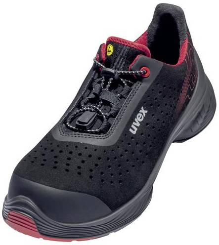 Une chaussure de sécurité noire avec doublure rouge et semelle robuste. Texte 'uvex' sur le côté. Idéale pour la protection et le confort au travail.