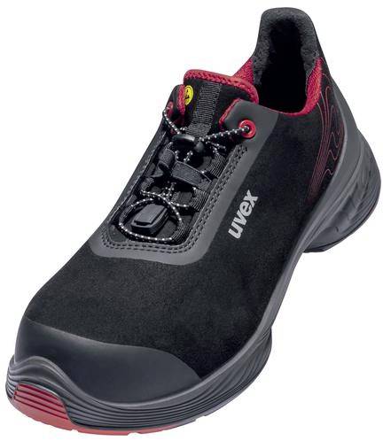 Chaussure de sécurité noire avec doublure intérieure rouge, bout renforcé et logo 'uvex' sur le côté. La semelle présente un profil antidérapant.