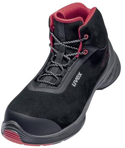 Une chaussure de sécurité noire montante, avec une doublure intérieure rouge et des lacets, avec le logo 'uvex' visible sur le côté.