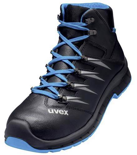 Chaussure de sécurité noire avec des lacets bleus, protection haute du cou et logo 'uvex', adaptée aux environnements de travail.