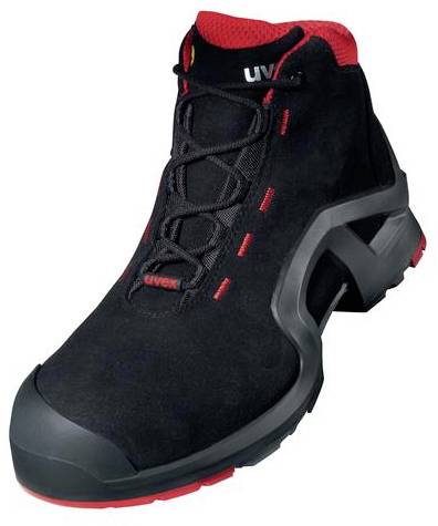 Chaussure de sécurité noire et rouge avec semelle robuste et embout de protection, adaptée aux travaux industriels.