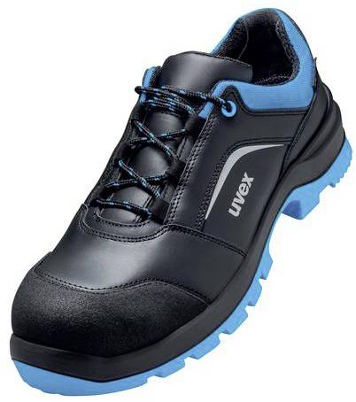 Une chaussure de sécurité noire avec des accents bleus et une semelle bleue, de la marque 'uvex'. Adaptée pour la protection au travail.