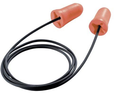 Bouchons d'oreilles en mousse orange avec cordon attaché.