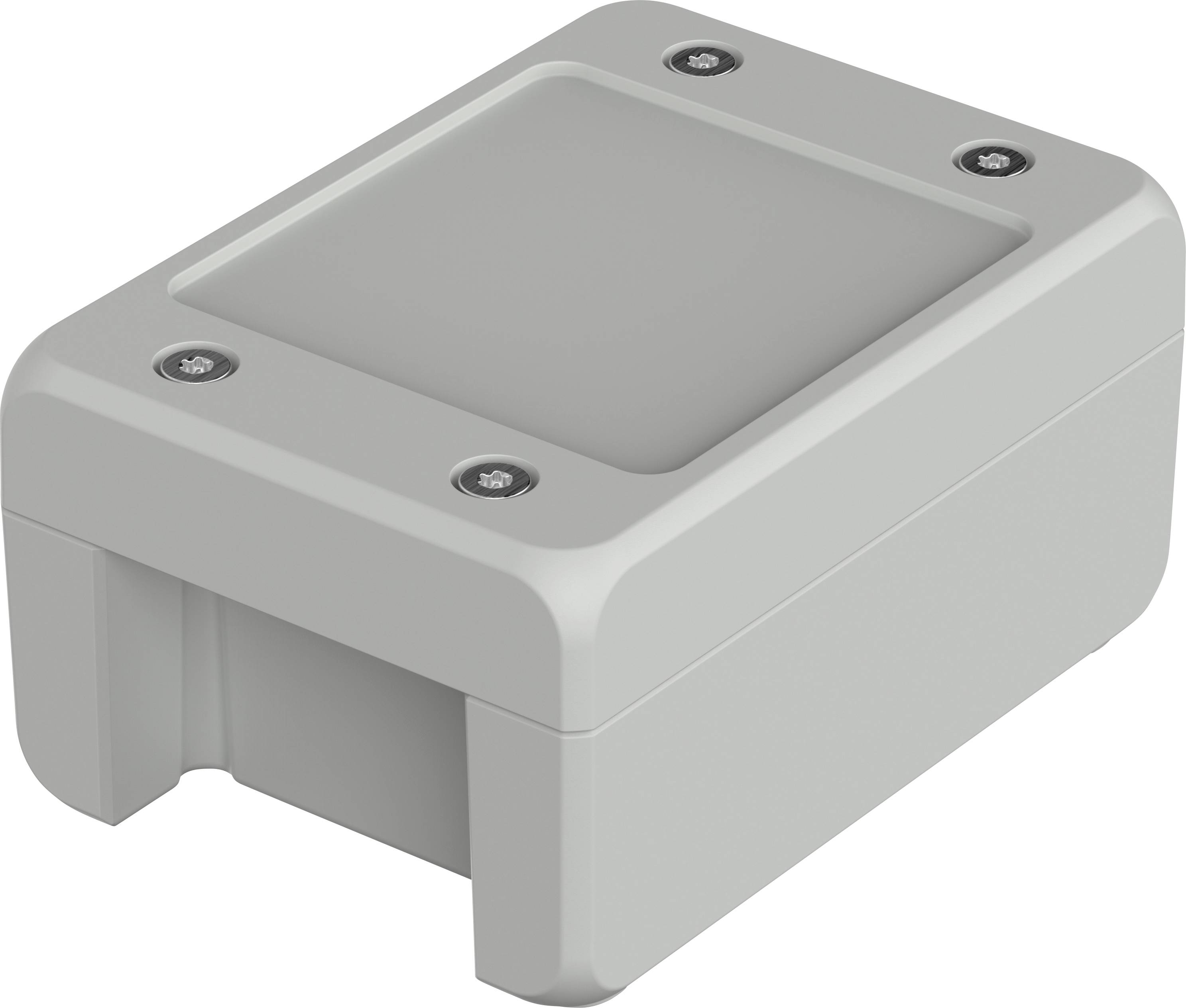 Boîtier rectangulaire gris en plastique aux angles arrondis, avec quatre vis apparentes aux coins du couvercle.
