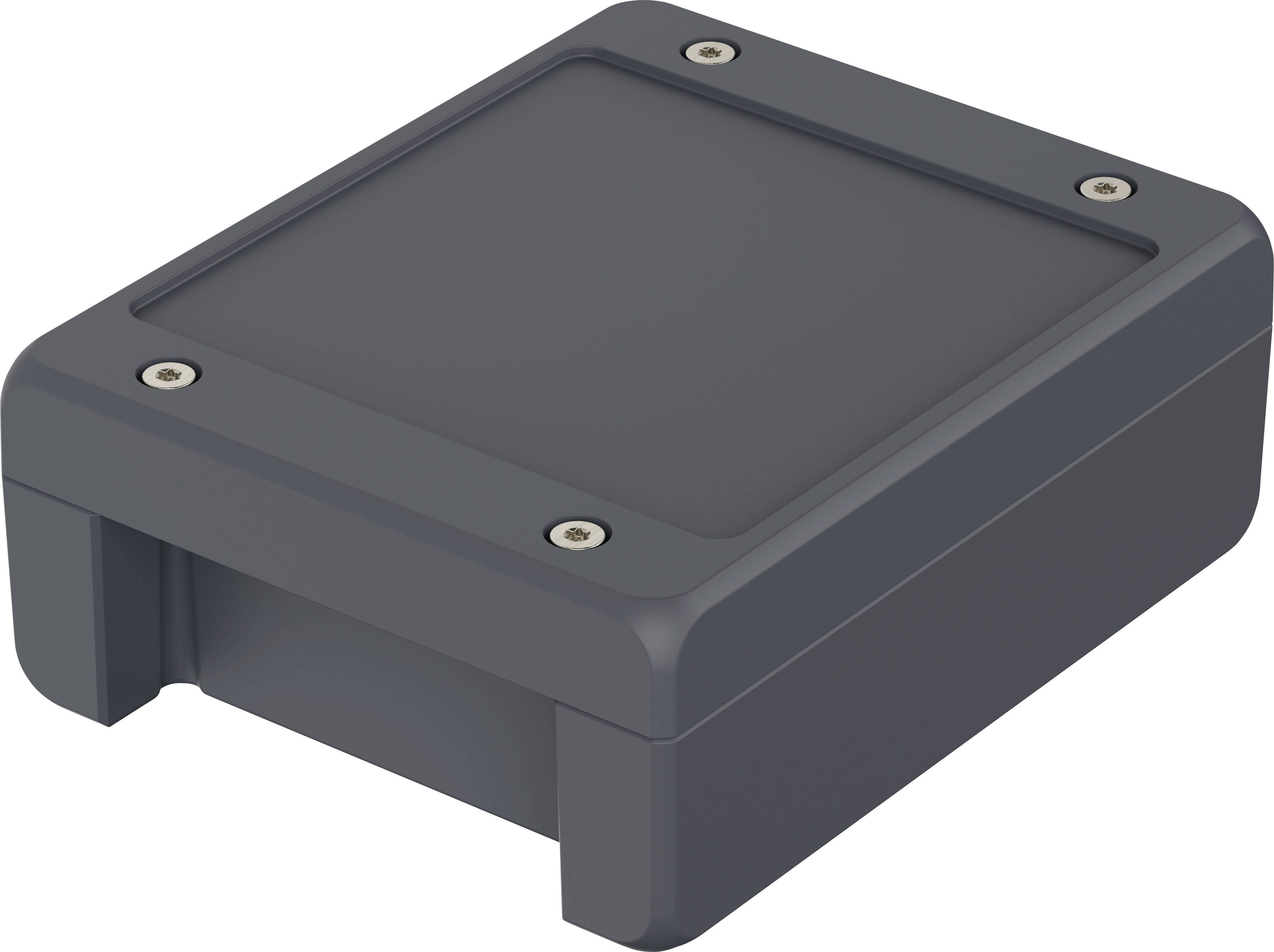 Un boîtier rectangulaire noir en plastique avec quatre vis argentées, qui pourrait servir à ranger du matériel électronique.