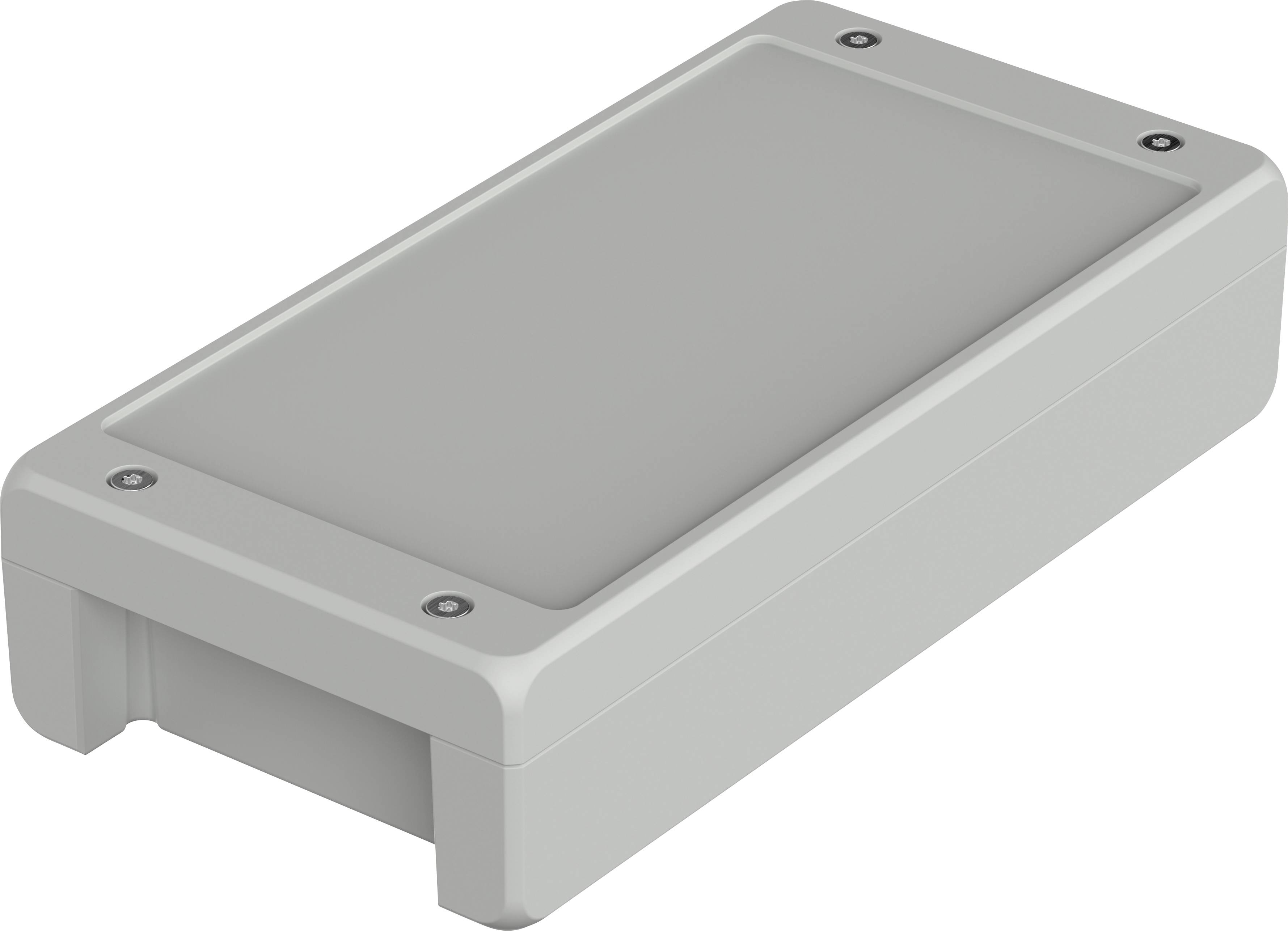 Boîtier rectangulaire gris aux angles arrondis, avec quatre vis situées aux coins, probablement un composant électronique.