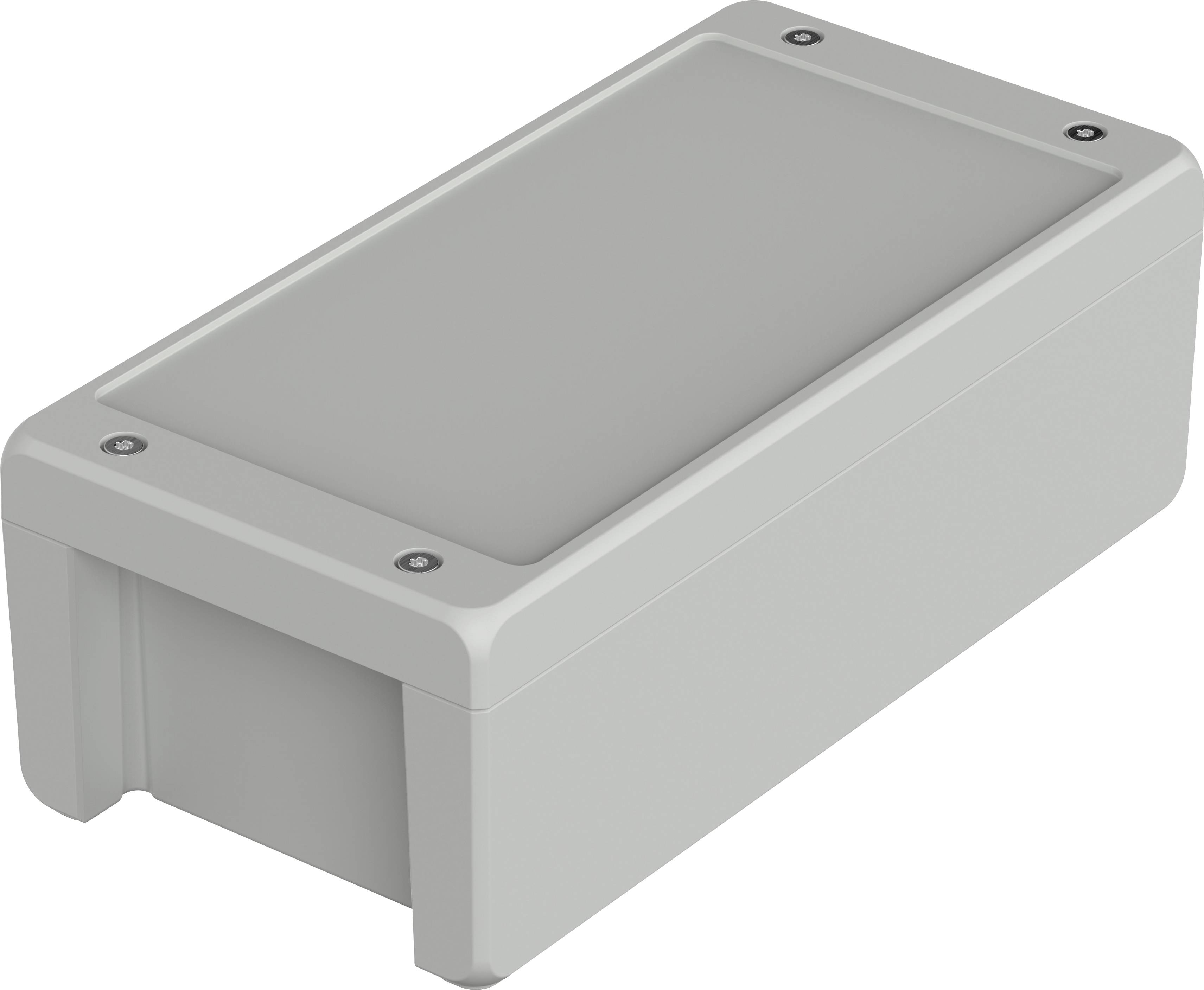 Un boîtier rectangulaire en plastique gris clair avec des angles arrondis et quatre vis aux coins du couvercle.