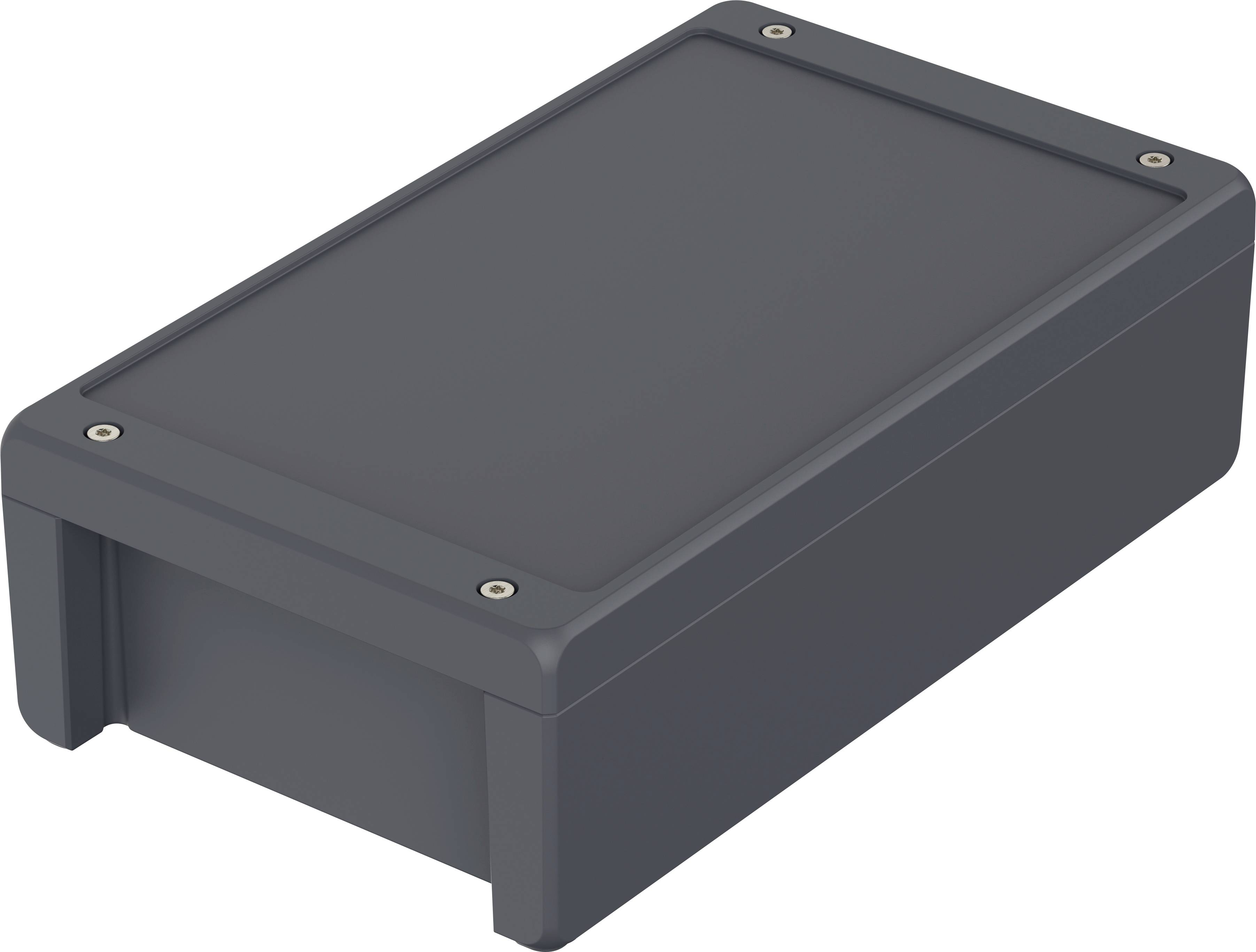 Un boîtier rectangulaire en plastique gris aux coins arrondis, équipé de fixations par vis aux angles.