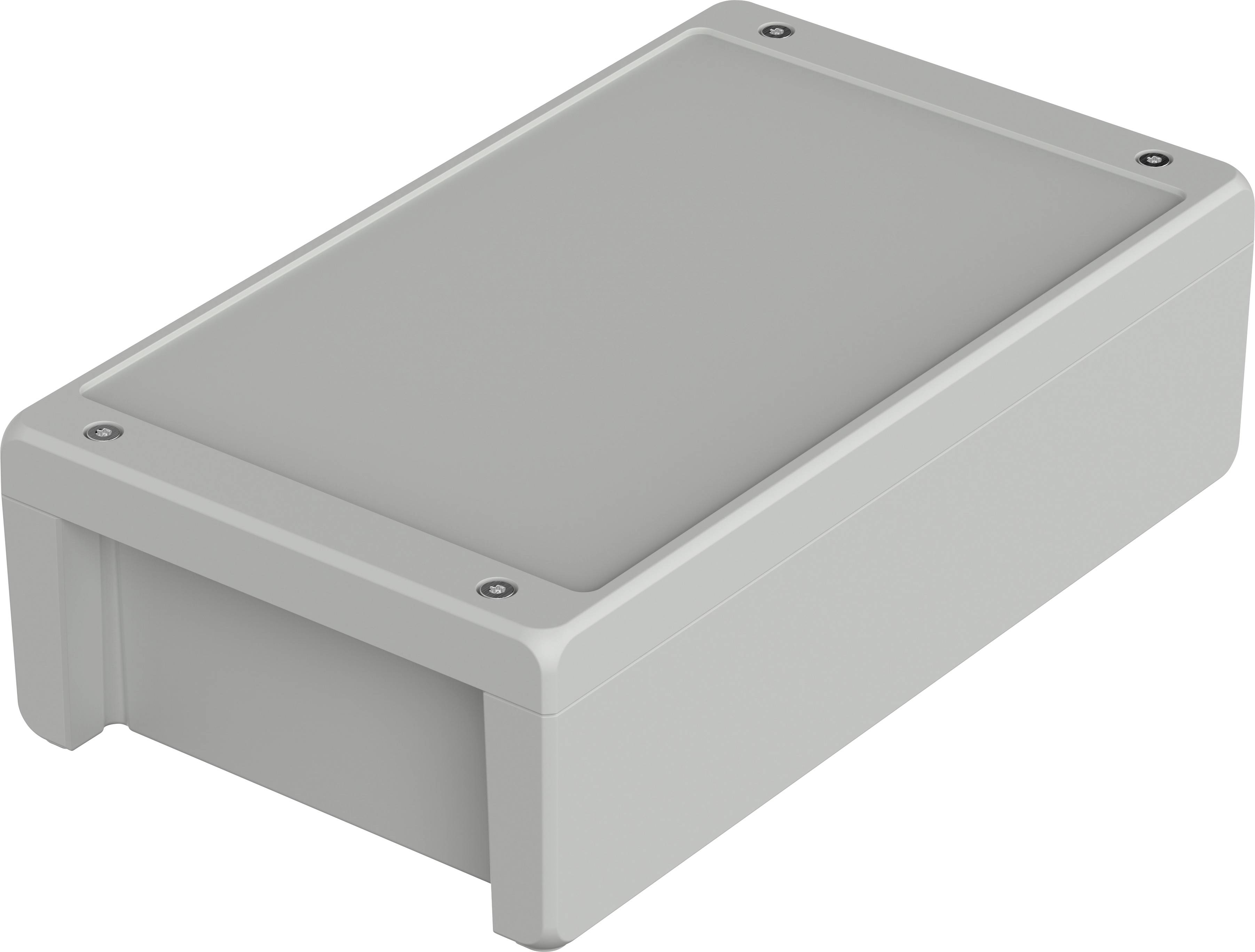 Boîtier rectangulaire gris aux coins arrondis, avec des vis apparentes aux angles, adapté pour les appareils électroniques.