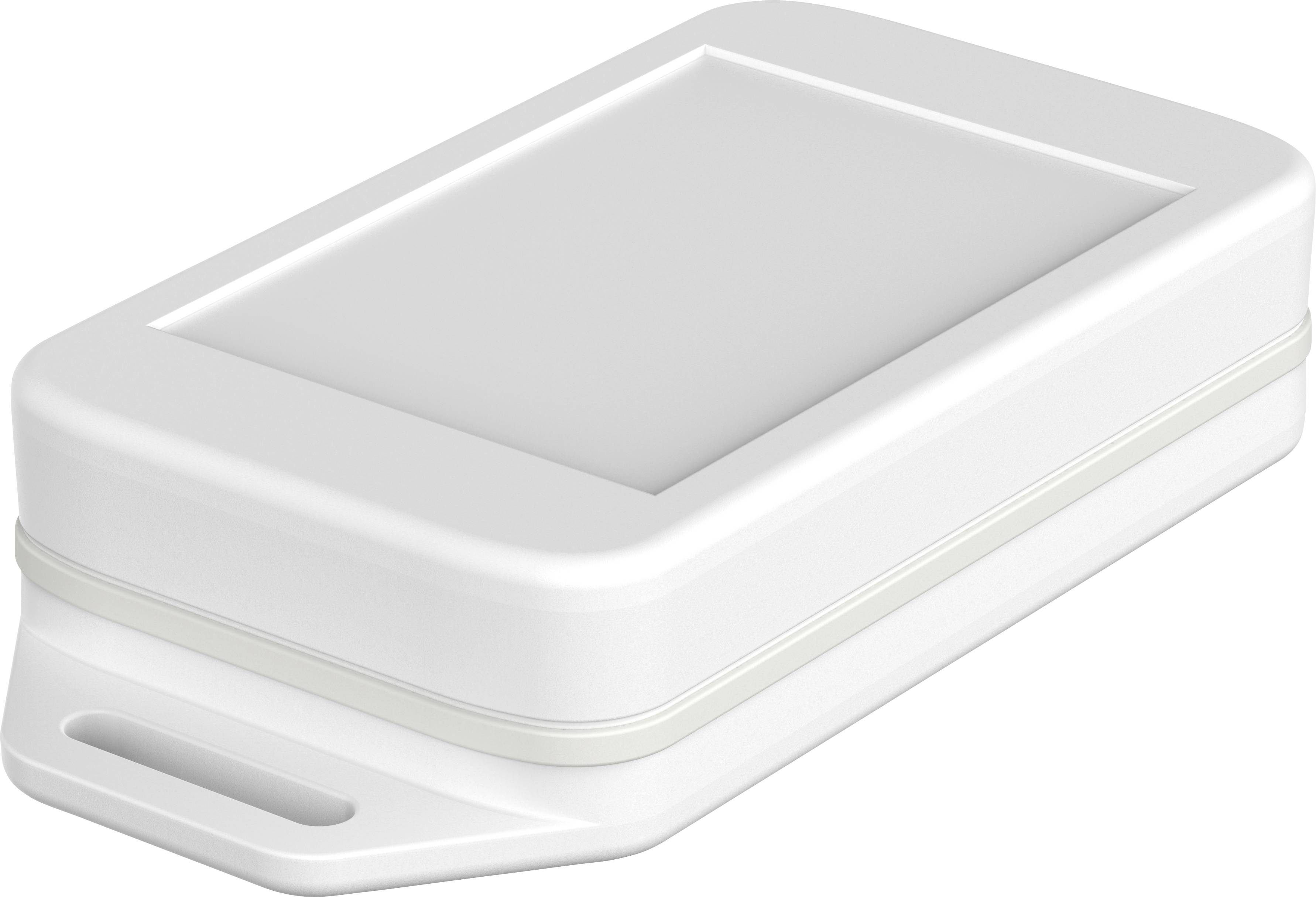 Boîte en plastique blanche, rectangulaire, avec des coins arrondis et une poignée à un angle.