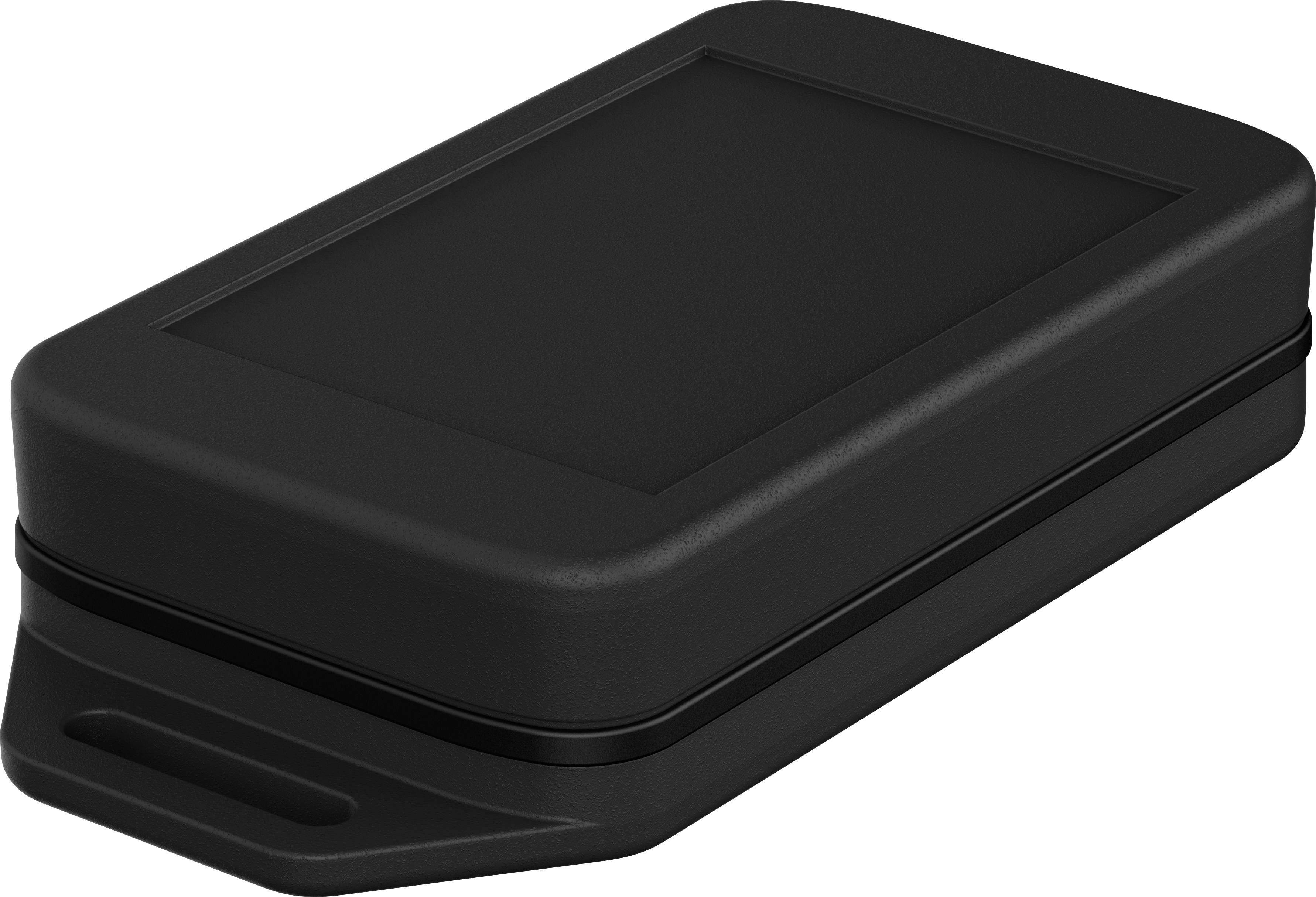 Boîte en plastique noir rectangulaire avec des coins arrondis et une poignée intégrée.