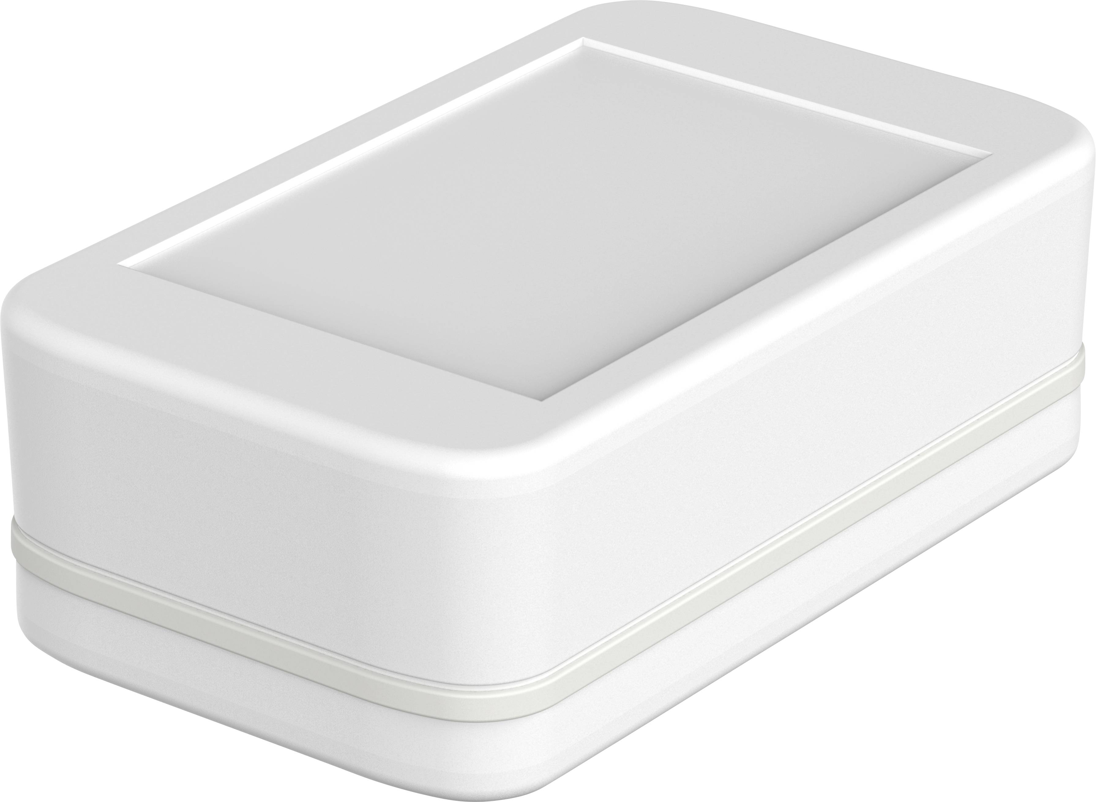 Boîte en plastique blanche rectangulaire aux coins arrondis.