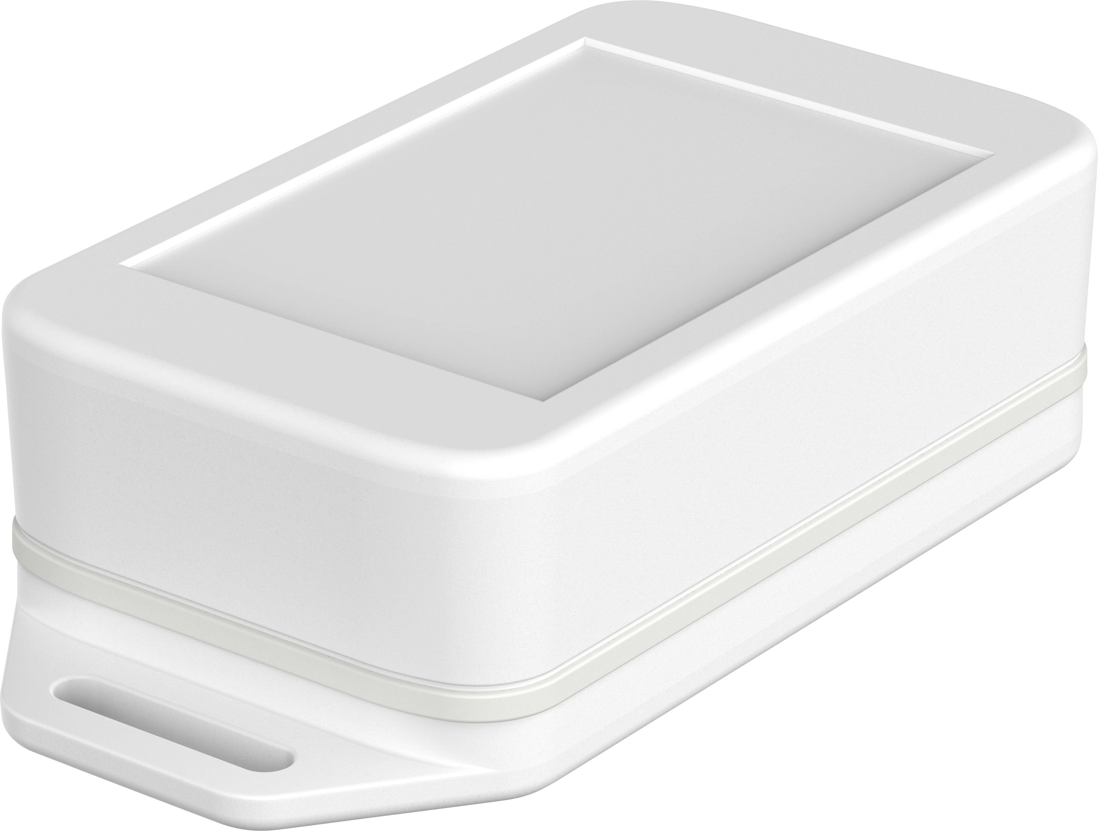 Un conteneur rectangulaire blanc en plastique avec des coins arrondis et une ouverture de couvercle, probablement destiné au stockage ou au transport.