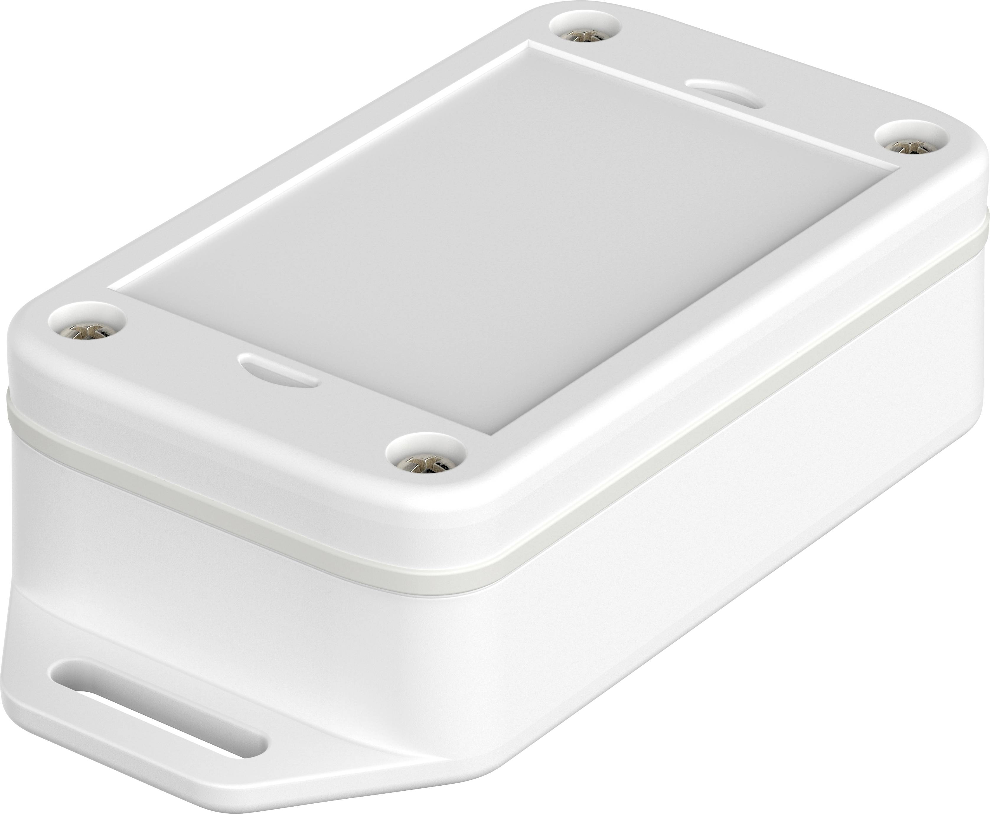 Un boîtier rectangulaire blanc en plastique avec des angles arrondis et quatre trous de vis aux coins.