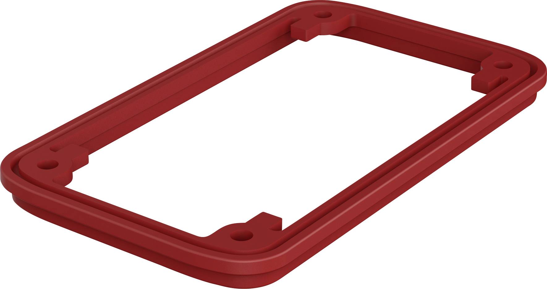 Pièce en plastique rouge, rectangulaire, avec des angles arrondis et des trous de perçage, probablement un composant d'un dispositif technique plus important.