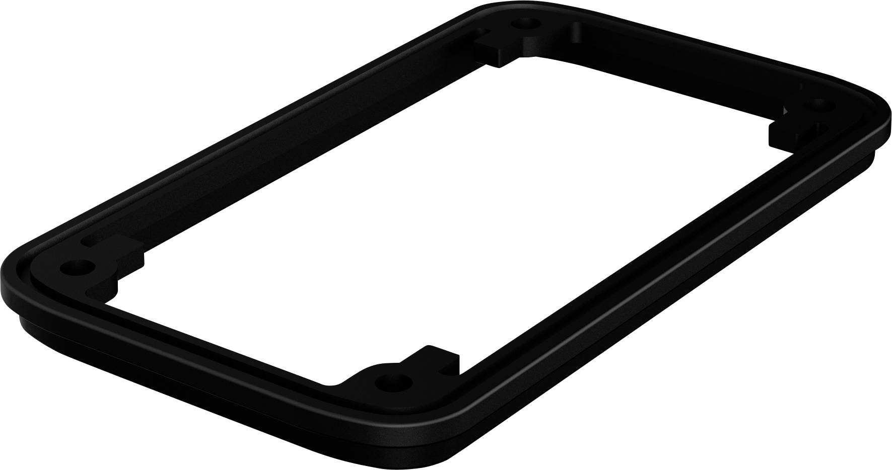 Un cadre en plastique noir rectangulaire, probablement utilisé comme support ou couverture, sur une surface de fond blanche.