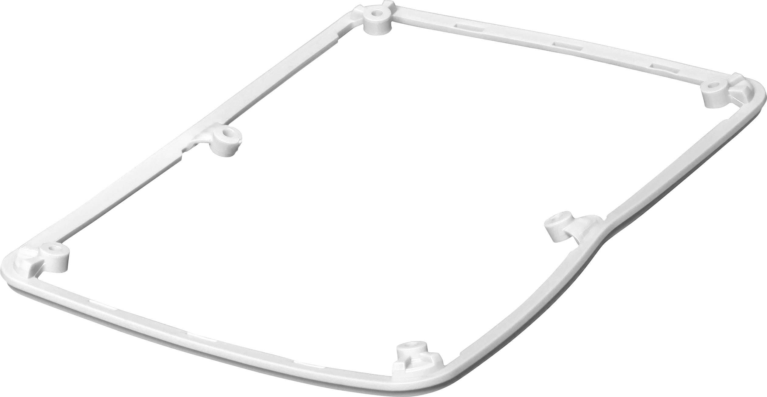 Un cadre rectangulaire blanc en plastique avec des coins arrondis et plusieurs points de fixation, probablement destiné à des applications techniques.