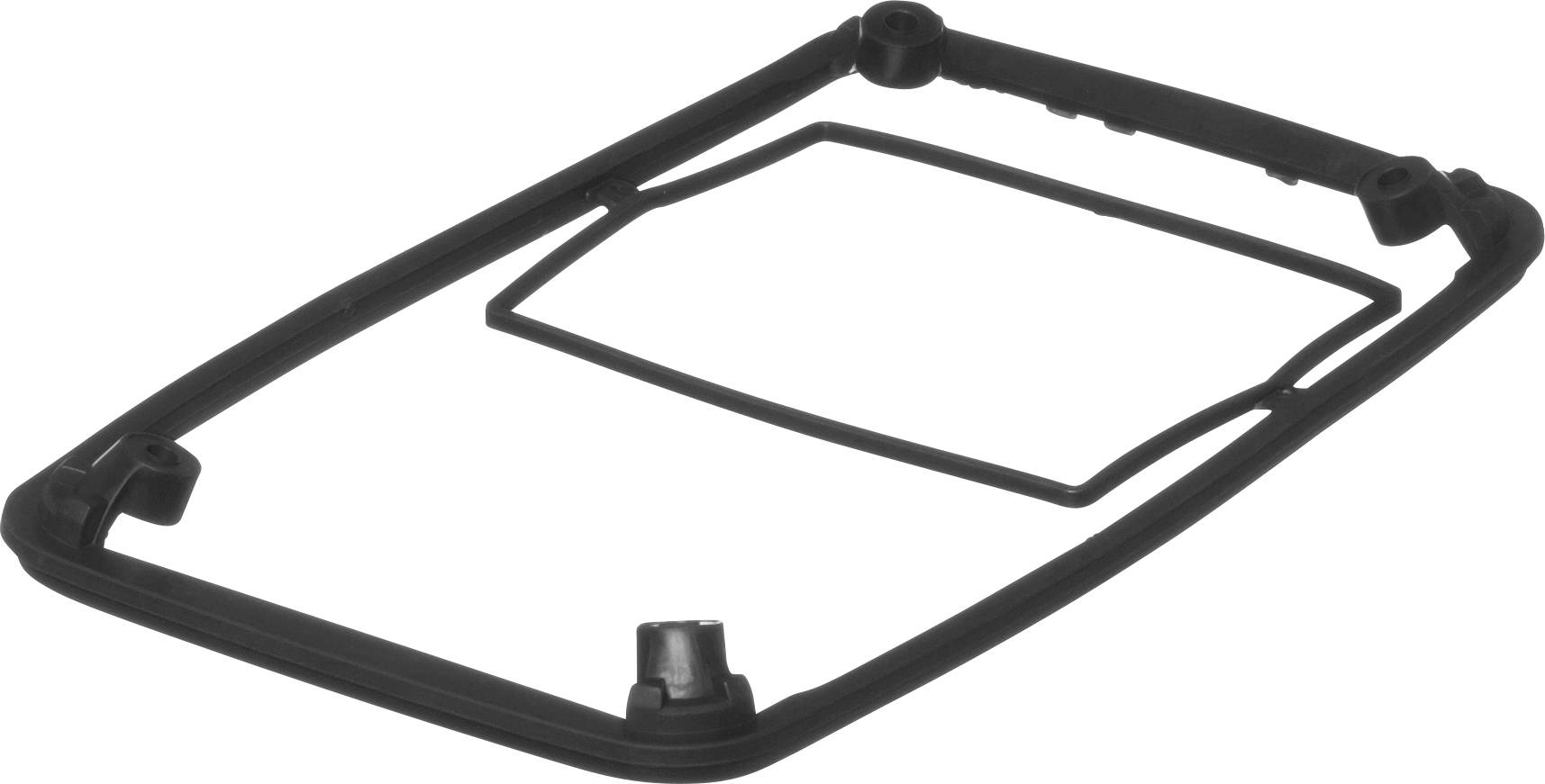 Cadre en plastique noir de forme rectangulaire, probablement une partie d'un dispositif technique ou électronique, sur fond blanc.