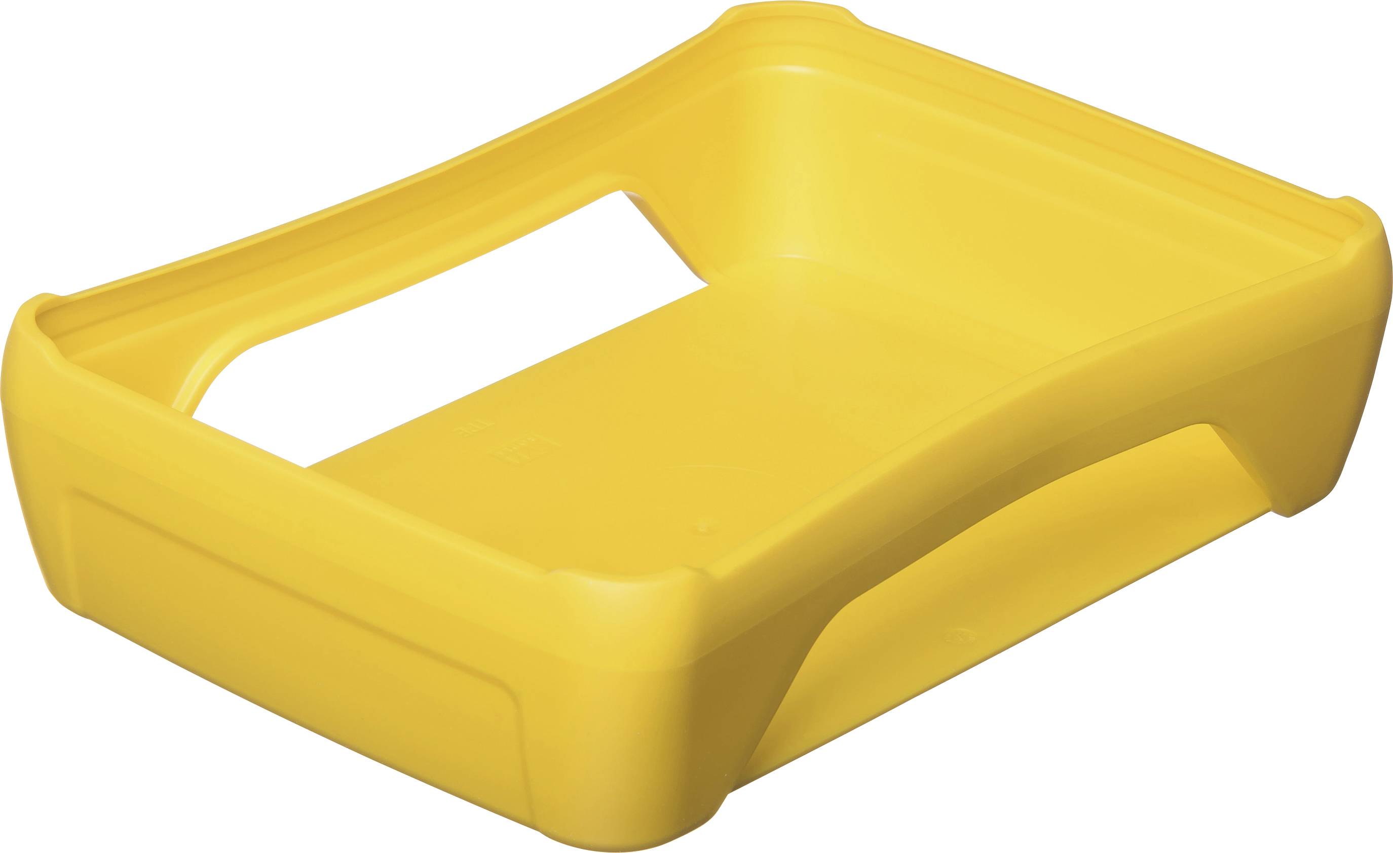 Un couvercle en plastique jaune avec une ouverture rectangulaire, probablement une partie d'un récipient ou d'un boîtier.