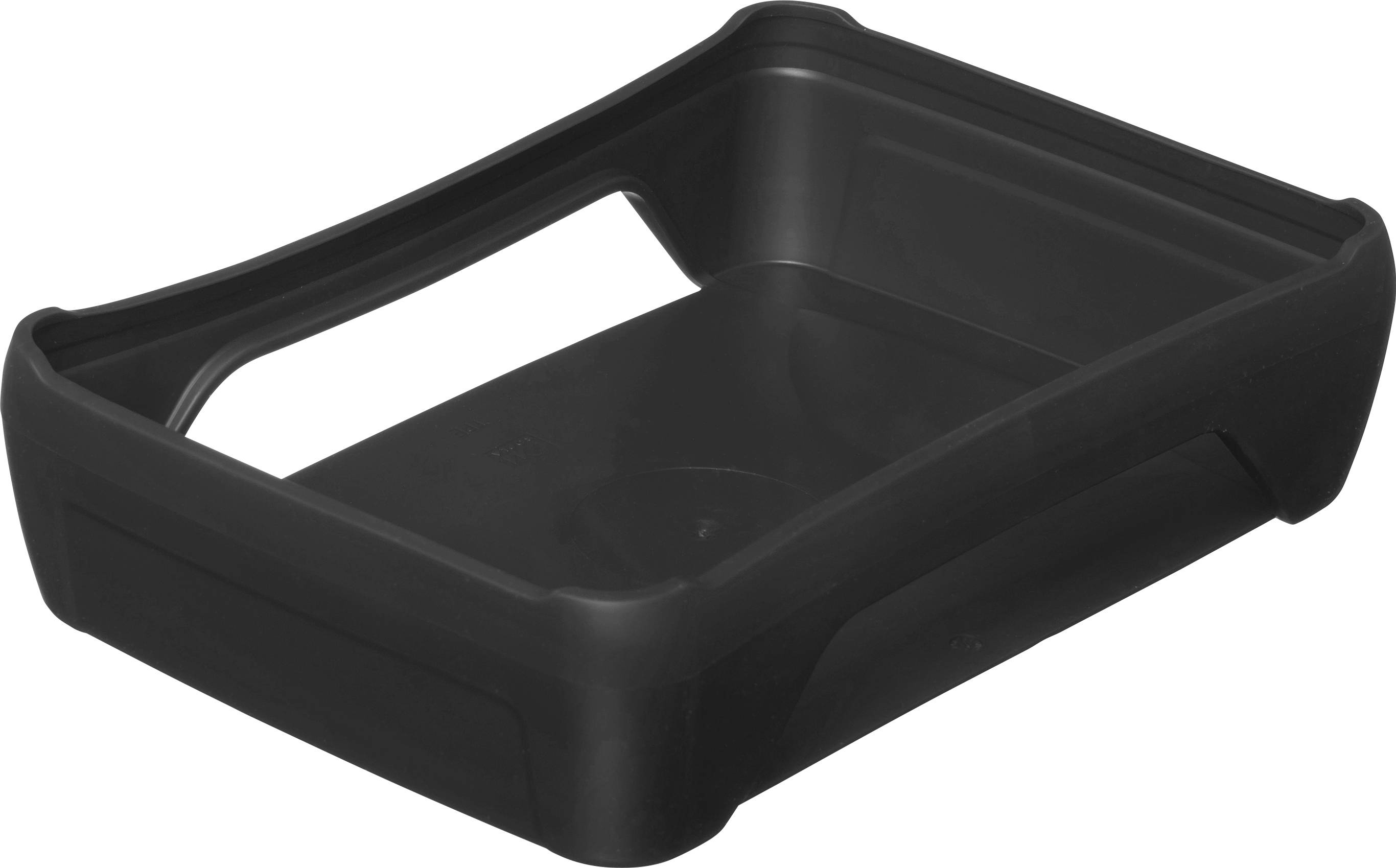 Bac de rangement noir en plastique, rectangulaire, vide. Idéal pour le stockage de documents ou de petits objets.