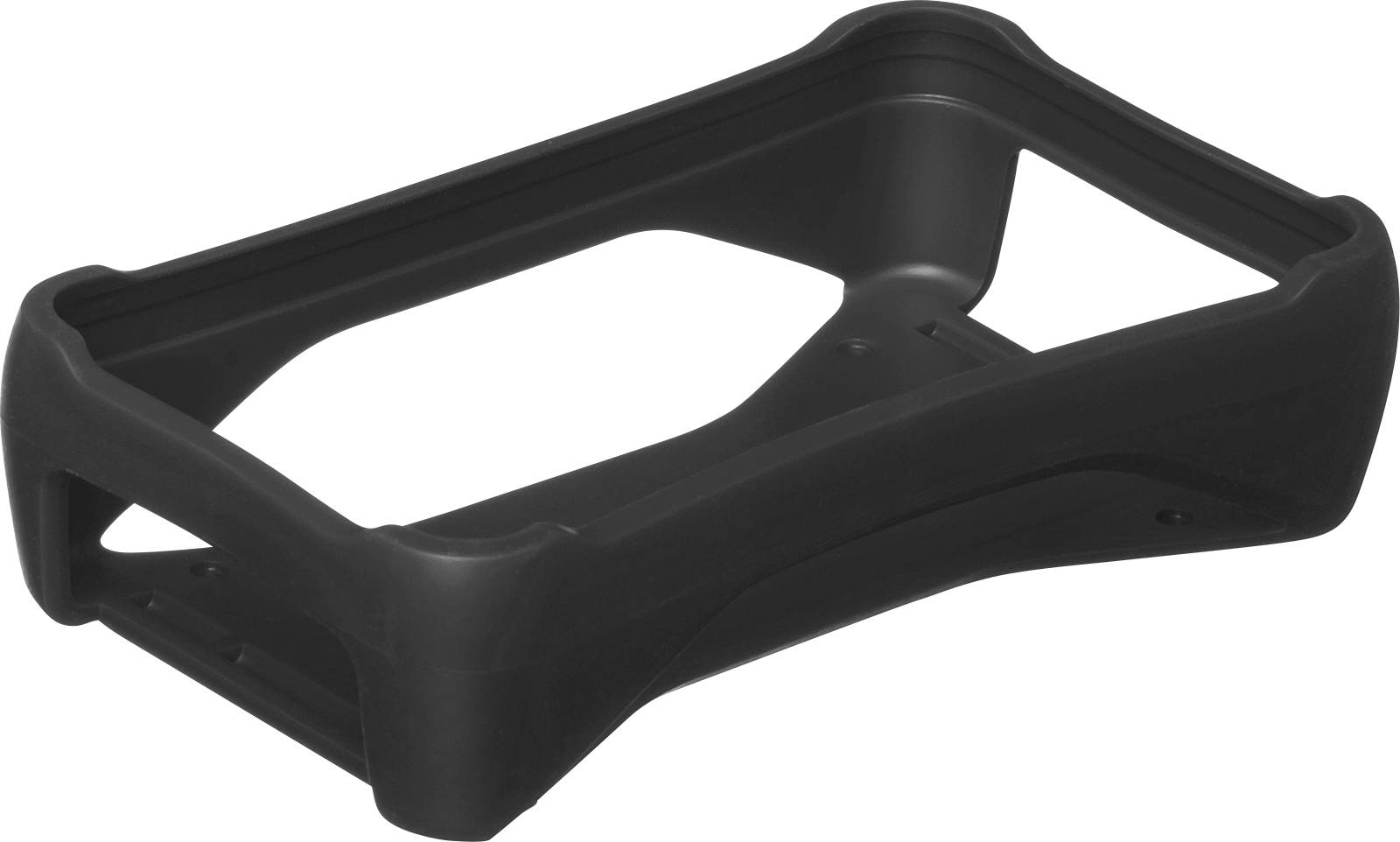 Cadre rectangulaire en plastique noir, légèrement bombé, avec des bords renforcés. Adapté pour des dispositifs de protection ou des supports d'équipement.