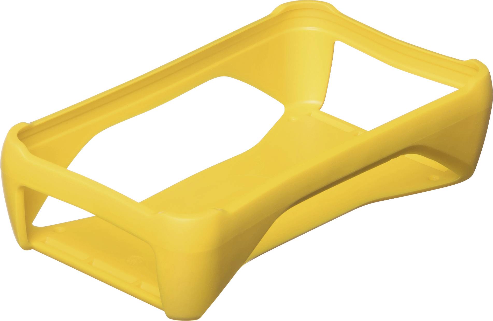 Un support en plastique jaune vide, de forme rectangulaire avec des coins arrondis, probablement conçu comme un support ou un cadre de protection.