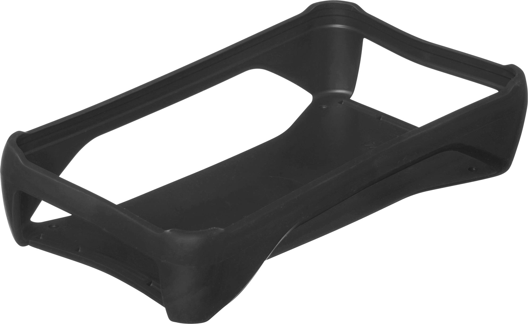 Un boîtier noir en plastique de forme rectangulaire, probablement un boîtier de protection pour un appareil électronique.