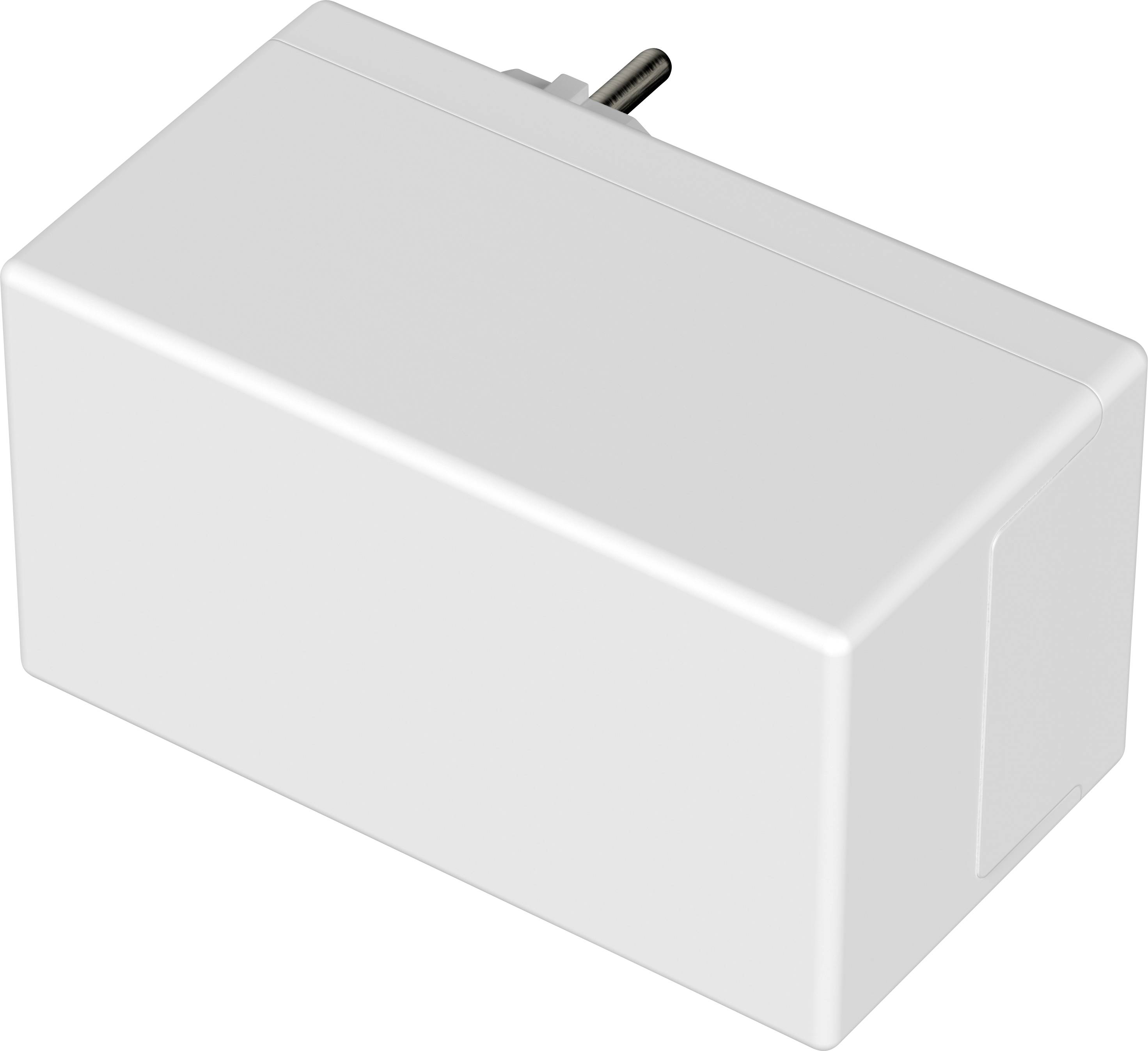 Un chargeur rectangulaire blanc avec une connexion à une prise électrique à l'arrière, sans marque ou étiquette visible.