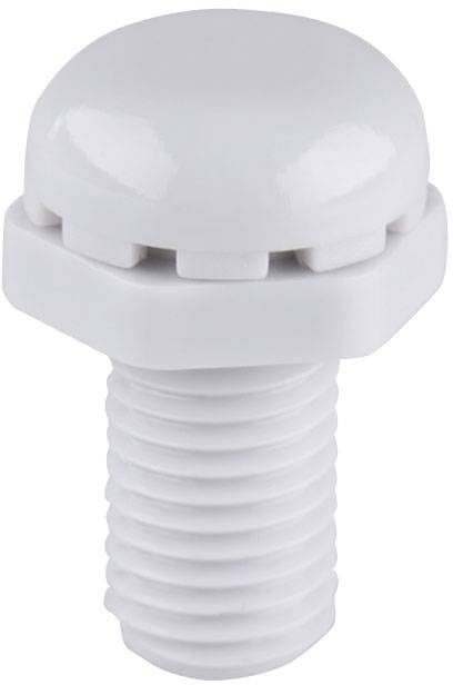 Une vis en plastique blanc à tête ronde et filetage, adaptée à diverses applications dans des environnements humides.