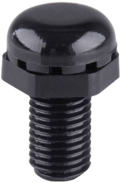Une tête de vis hexagonale noire avec un capuchon en plastique rond et brillant, filetage noir en dessous.